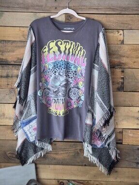Upcycled Modern Lux Festival Graphic Motorcycle T-shirt With Wide Boho Sleeves